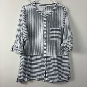 J. Jill Striped Button Up Womens M Mixed Print Roll Tab Sleeve Coastal Beach